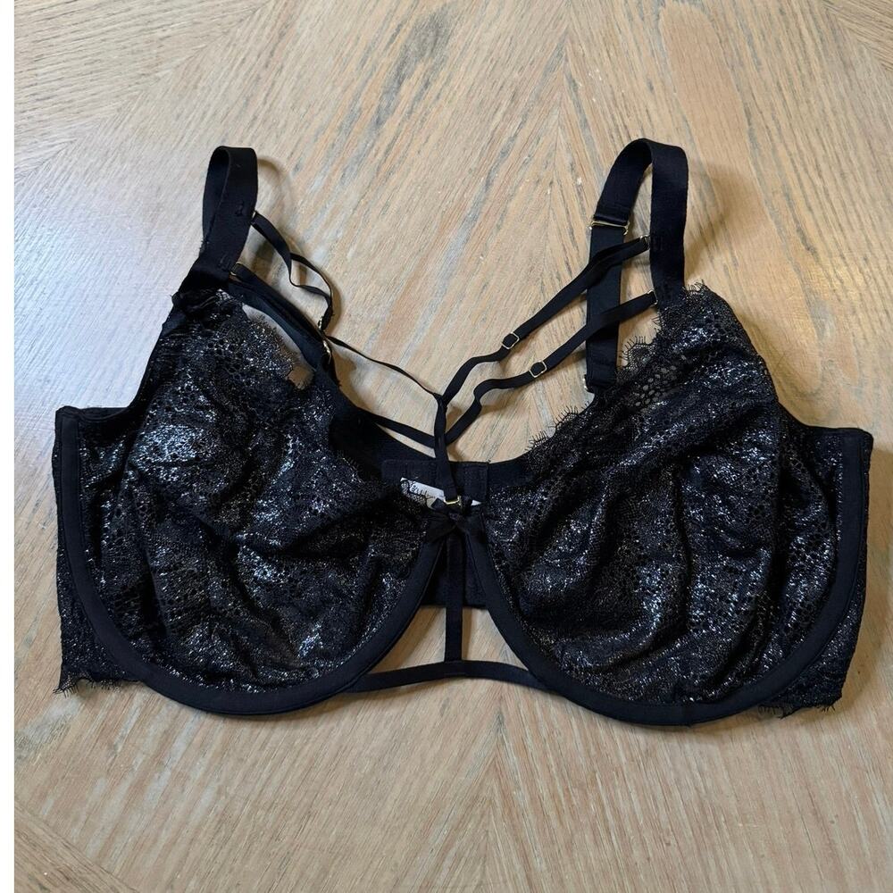 Cacique Bra 42F  Black Lace Silver Metallic Sheen Cage Bra